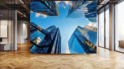 modern skyscrapers against the blue sky, with sunlight reflecting on glass facades and urban landscapes in the background Wall mural