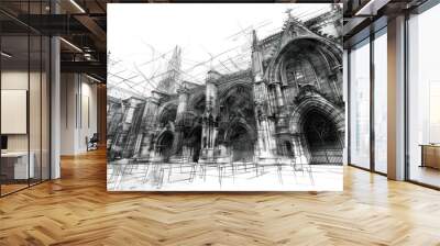 pencil drawing, Gothic architecture rises from the page with intricate arches and ornate details, set against a clean white backdrop Wall mural