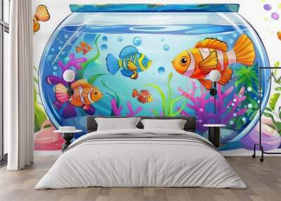 round glass simple aquarium with fish and decor, watercolor Wall mural