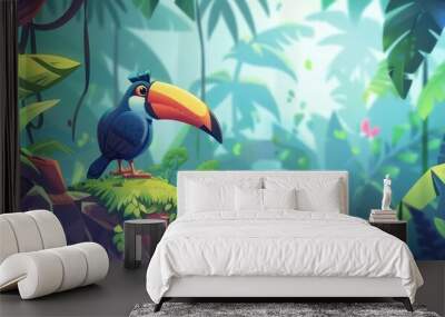 toucan mascot enjoys the lush jungle, playing joyfully amidst tropical plants and colorful wildlife. Ideal for playful and engaging 2D illustrations Wall mural