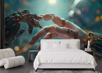 two robot arms reaching for a human hand, in the style of luminous spheres, futuristic landscapes, motion blur  Wall mural