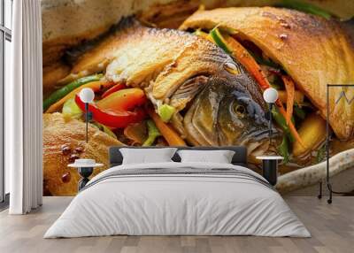 baked fish with vegetables close-up in a baking dish Wall mural