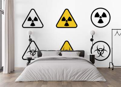 Set of radiation hazard signs. Radiation area. Radioactive threat alert. Wall mural