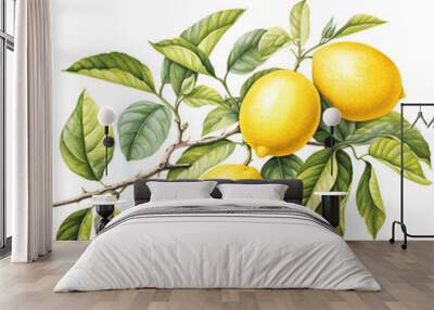 watercolor lemons wirh leaves isolated. Botanical illustration of yellow citrus fruits. Wall mural