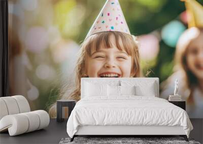 A photo of a happy smiling child in a festive hat at a garden party with friends in the background. Wall mural