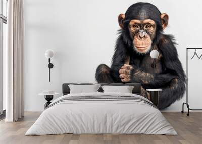 a photo of a young chimpanzee. The monkey is sitting on the floor and looking at the camera on an isolated white background. Wall mural