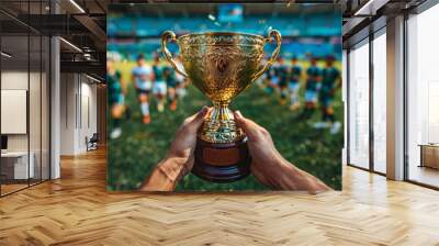 group of players holding a trophy celebrates winning a competition against a blue sky background. The concept of success. A cup during a sporting event or match. Wall mural