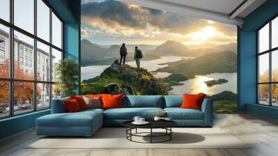 Two tourists standing on top of a mountain peak overlooking the lake district. The concept of travel, active lifestyle, extreme sports. Wall mural