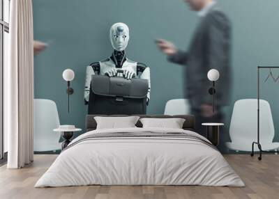 Business people and humanoid robot waiting for a job interview Wall mural