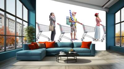 Collection of diverse people pushing a shopping cart Wall mural