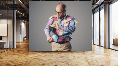 Funny businessman covered with sticky notes Wall mural