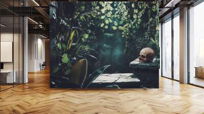 Human skull and ancient ruins in the jungle Wall mural