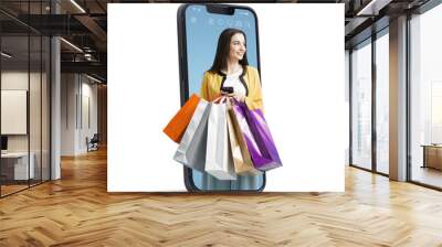 PNG file no background Happy young woman shopping online Wall mural