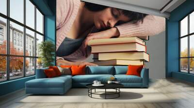 student fell asleep on stack of book, similar pictures on my por Wall mural