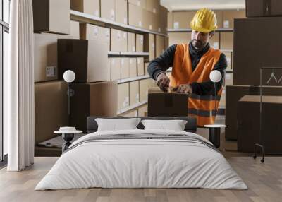 Warehouse worker opening a package Wall mural