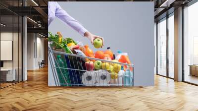 Woman doing grocery shopping at the supermarket Wall mural