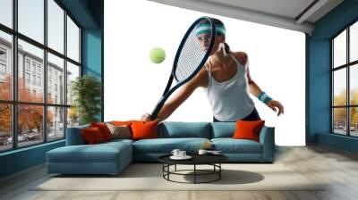 Woman hitting a tennis backhand Wall mural