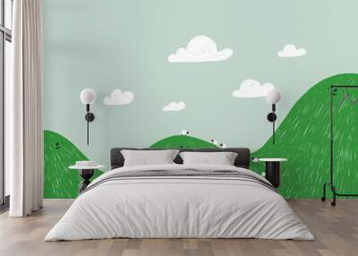 Cute cartoon hills with green grass and sheeps, vector illustration Wall mural