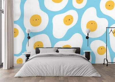 Cute fried eggs vector seamless pattern Wall mural