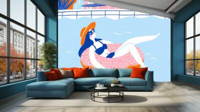 Illustration of a girl relaxing in the swimming pool Wall mural