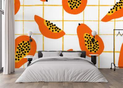 Papayas on white and yellow checked background, pattern illustration Wall mural