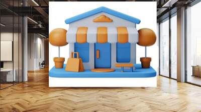 3d illustration of a small business with blue walls and an orange awning Wall mural