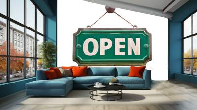 A classic green wooden open sign hanging from a chain, inviting customers into a business or store. Wall mural