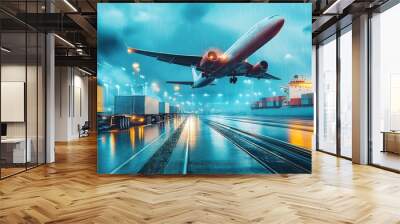 A commercial airplane takes off over a busy logistics hub at night, with shipping containers and trucks indicating a vibrant supply chain. Wall mural