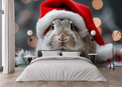 Adorable bunny wearing a Santa hat and festive lights in the background, perfect for holiday-themed stock photo needs. Wall mural