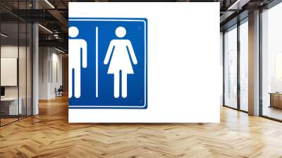 Blue restroom sign with male and female figures, indicating the location of restrooms in a public place. Wall mural