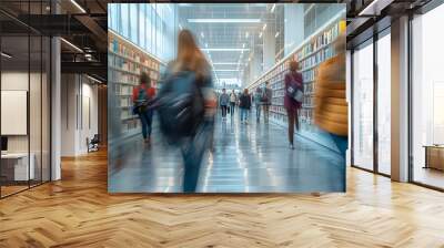 Blurred motion of students walking in a modern, bright library corridor lined with bookshelves and natural light. Wall mural