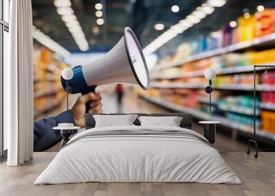 Close-up of a hand holding a megaphone in a supermarket aisle, announcing a message or promotion in a store setting. Wall mural