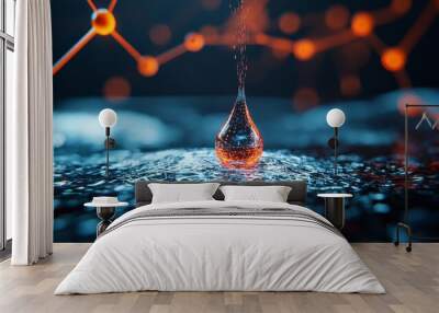 Close-up of a water droplet with molecular structures in the background, highlighting science and innovation concepts. Wall mural