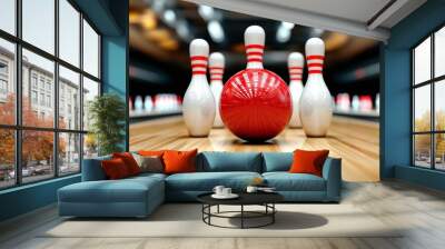 Close-up view of a vibrant red bowling ball ready to strike white pins on a glossy lane, highlighting the excitement of a bowling game. Wall mural