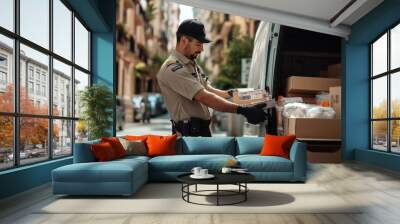 Delivery man unloading parcel from van in urban street. Professional courier service for timely and efficient package delivery. Wall mural