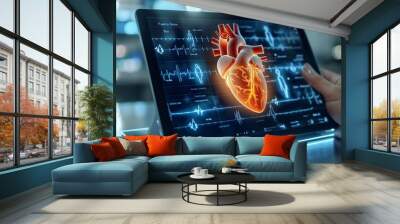 Digital medical illustration showing a detailed 3D model of a human heart on a tablet with vital signs displayed, symbolizing modern healthcare. Wall mural