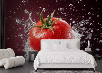 Fresh red tomato splashing in water against dark background. Vibrant and juicy ripe tomato with water droplets. Healthy food concept. Wall mural