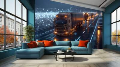 Futuristic autonomous trucks drive on a smart highway at night, connected by digital networks and glowing lights in the background. Wall mural