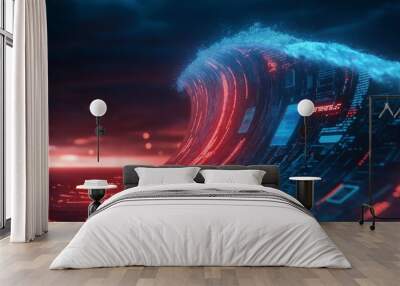 Futuristic digital wave with neon lights simulating data flow. Abstract technology background for innovation concepts. Wall mural