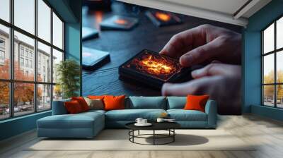 Hands holding a mystical card with glowing patterns, surrounded by other cards on a wooden table, emitting a sense of magic and mystery. Wall mural