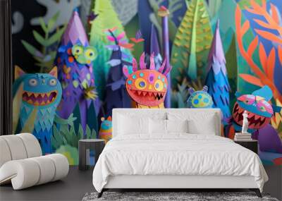 Kid's craft of paper forest, fantasy creatures in bright colors, cheerful scene, detailed and textured, lively atmosphere Wall mural