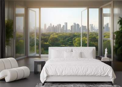 Open balcony doors offer a breathtaking view of a green park and modern city skyline under the soft light of dawn. Nature meets urban life. Wall mural