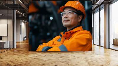 Portrait of a confident engineer in an orange hard hat and safety jacket, standing with arms crossed, in an industrial setting. Wall mural