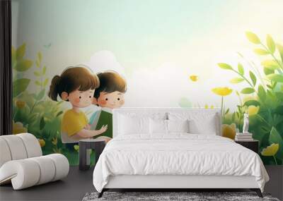 Two children happily reading a book together in a lush, vibrant green meadow, surrounded by blooming flowers under a sunny sky. Wall mural