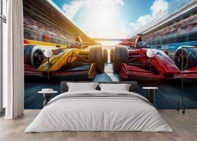 Two high-speed race cars in a close competition on a sunny day at the racetrack, capturing the essence of speed and adrenaline. Wall mural