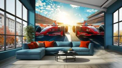 Two red race cars speed on a track under a bright blue sky, capturing the intense competition and thrill of motorsport racing. Wall mural