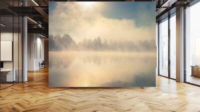 Beautiful foggy morning. Lake coast. Fog over autumn lake water. Wall mural