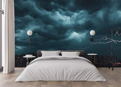 Dramatic dark stormy clouds with flashes of lightning over the city district. Weather and climate-changing concept. Wall mural