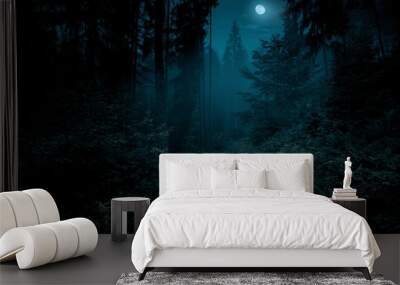 Full moon over the spruce trees of magic mystery night forest. Halloween backdrop. Wall mural