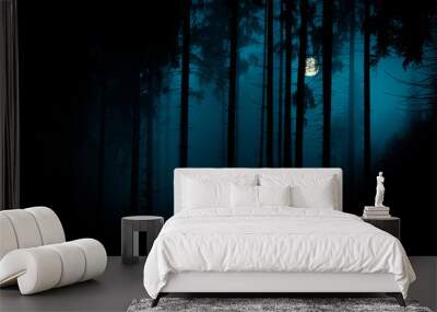 Full moon through the spruce trees in magic mystery night foggy forest. Halloween backdrop. Wall mural